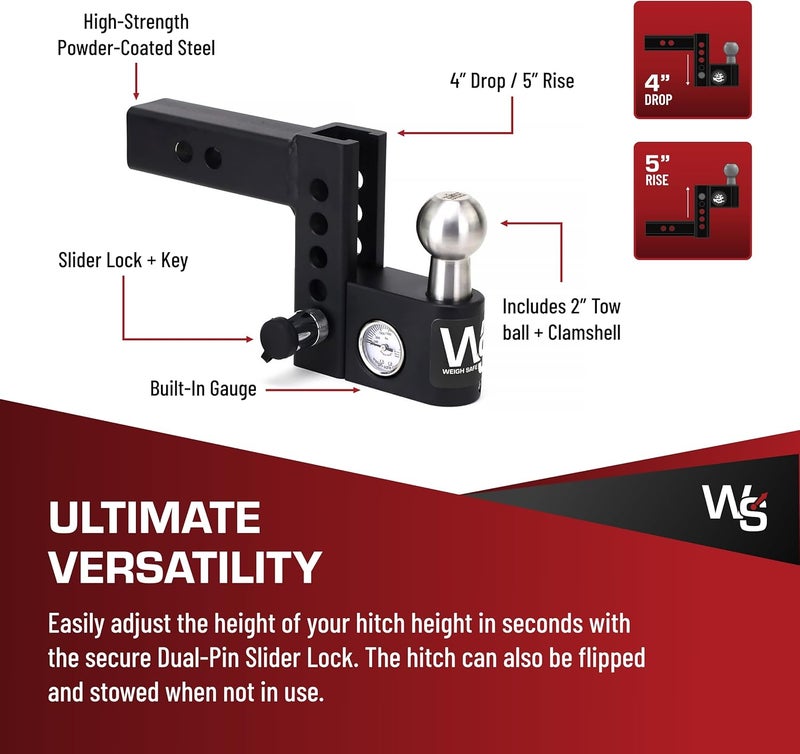 Weigh Safe Aero Hitch - Adjustable Trailer Hitch Ball Mount with Built-in Weight Scale, 4" Drop for 2" Receiver, 12,500 lbs GTW - Image 4