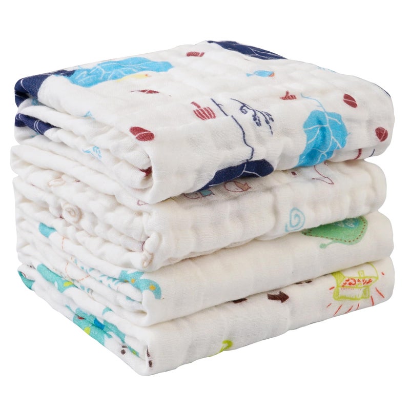 lasoftan Baby Muslin Burp Cloths, 100% Cotton Burping Cloths Super Absorbent Soft, Bath Towel Burp Cloths for Baby Girl Boy, Great Gift for Newborn, 10 x 20 inch, 4 Pack, Fox & Whale - Image 1