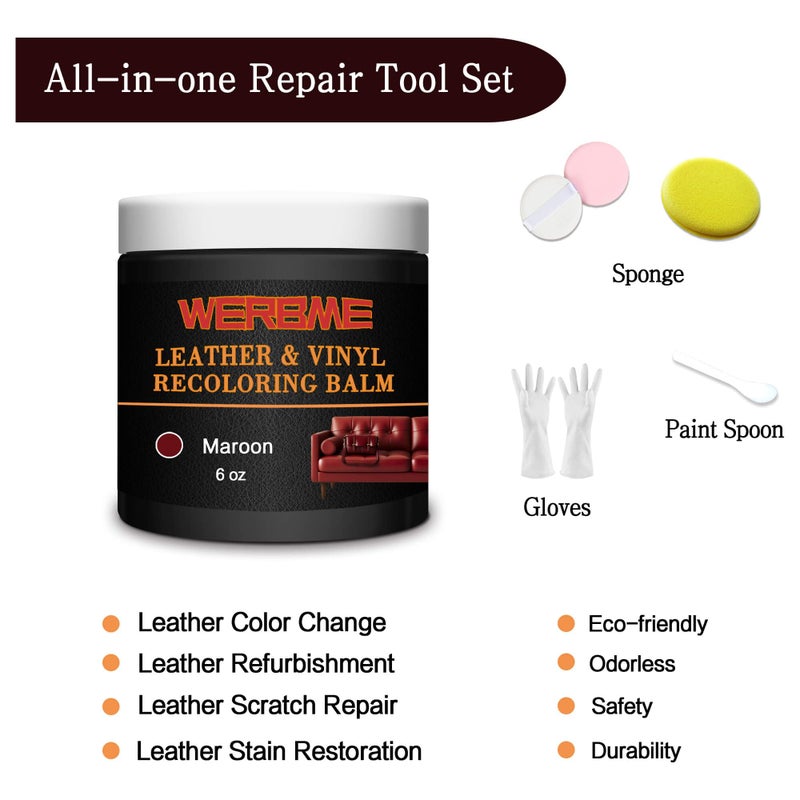 WERBME Leather Recoloring Balm & Color Restorer - Multipurpose Dye & Paint for Faded Leather Couches, Car Seats, Shoes | Fix Scratches on Clothing, Furniture & Accessories(Maroon) - Image 5
