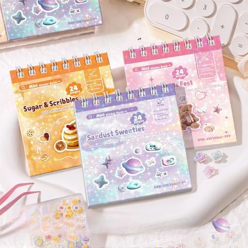 FunBlast Set of 3 Mini Sticker Books with Craft Tweezer - 72 Sheets/4320+ Stickers, Kawaii Glitter Sticker Book for Nail Arts, Scrapbooking, Journaling, DIY Craft, Planner Decoration Stickers - Image 1