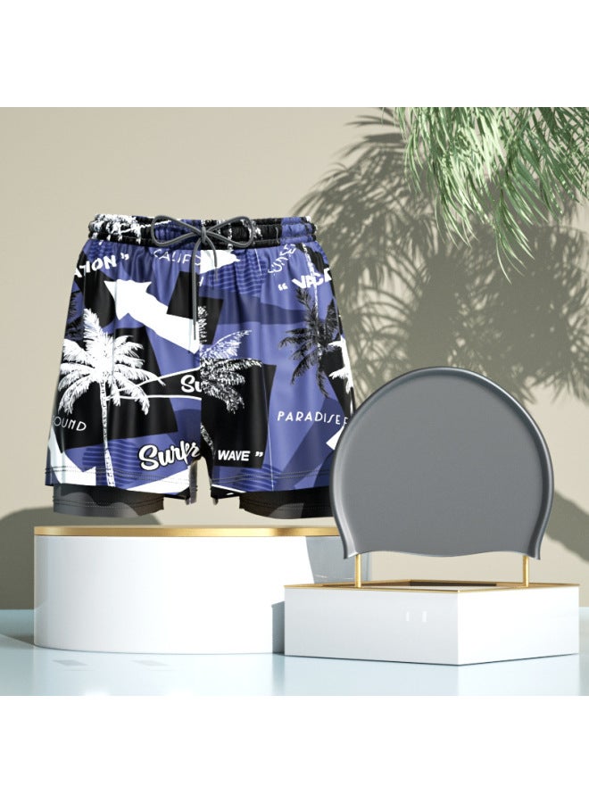 Swimming Trunks Men's 2025 Anti-embarrassment Hot Spring Pants Swimming Cap Swimming Goggles Three-piece Set Of Swimming Equipment Full Set Of Direct Sales-Colour:[purple Coconut] Double Layer Swimming Trunks + Swimming Cap-