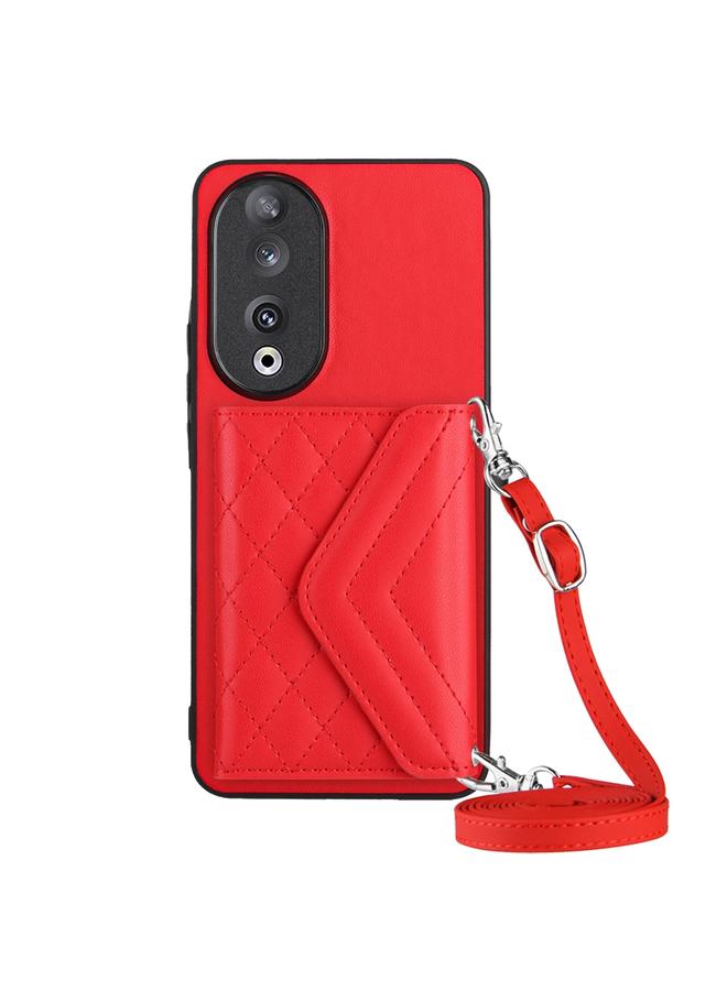 S-TOP Case For Honor 90 Rhombic Texture Card Bag RFID Phone Case with Long Lanyard - Image 1