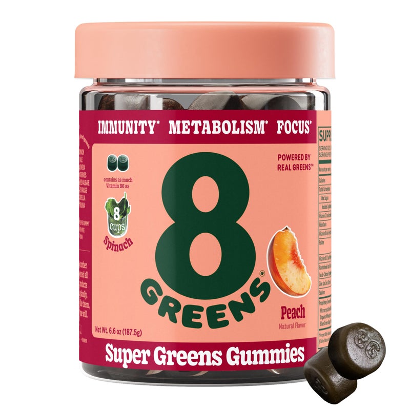 8Greens Supergreens Gummies Super Greens Powder Superfood Gummy for Metabolism Immunity Focus Digestive Health Enzymes Organic Chlorella Spirulina Aloe Vera Peach Flavor 50 Count