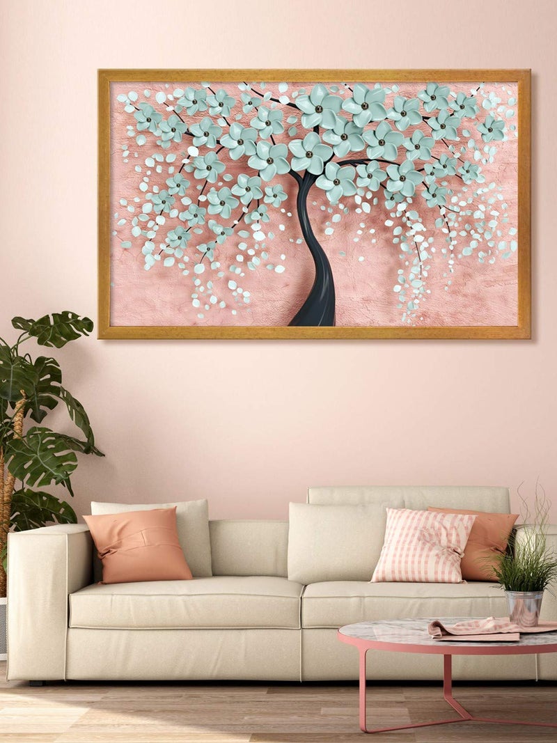 999STORE Fiber wall painting paintings for bedro with frame flower floral living room Home Dcor Room frames Canvas Painting White Flowers Tree Set of 1 18X30 Inches Golden GOFLP18300114