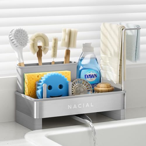 Nacial Sponge Holder for Kitchen Sink, Sink Caddy Organizer with High Brush Holder & Two Towel Racks - Rustproof 304 Stainless Steel Kitchen Countertop Storage Essentials - Gris - Image 1