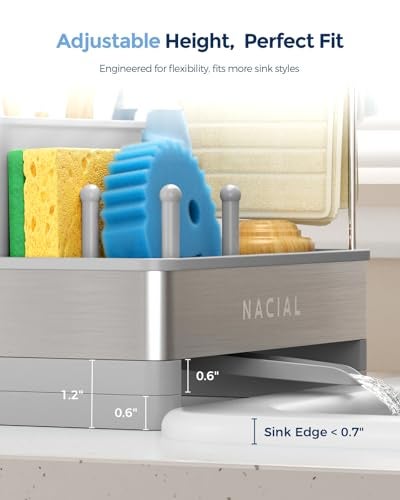 Nacial Sponge Holder for Kitchen Sink, Sink Caddy Organizer with High Brush Holder & Two Towel Racks - Rustproof 304 Stainless Steel Kitchen Countertop Storage Essentials - Gris - Image 4
