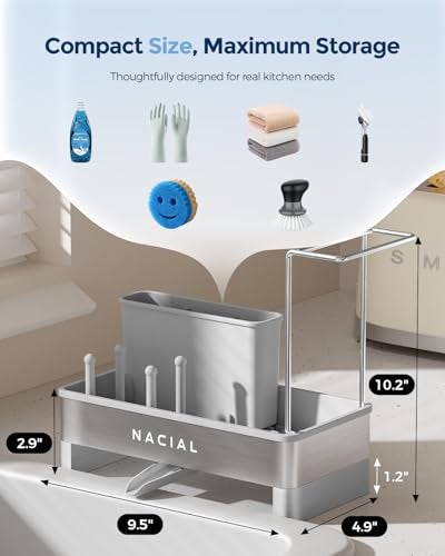 Nacial Sponge Holder for Kitchen Sink, Sink Caddy Organizer with High Brush Holder & Two Towel Racks - Rustproof 304 Stainless Steel Kitchen Countertop Storage Essentials - Gris - Image 2