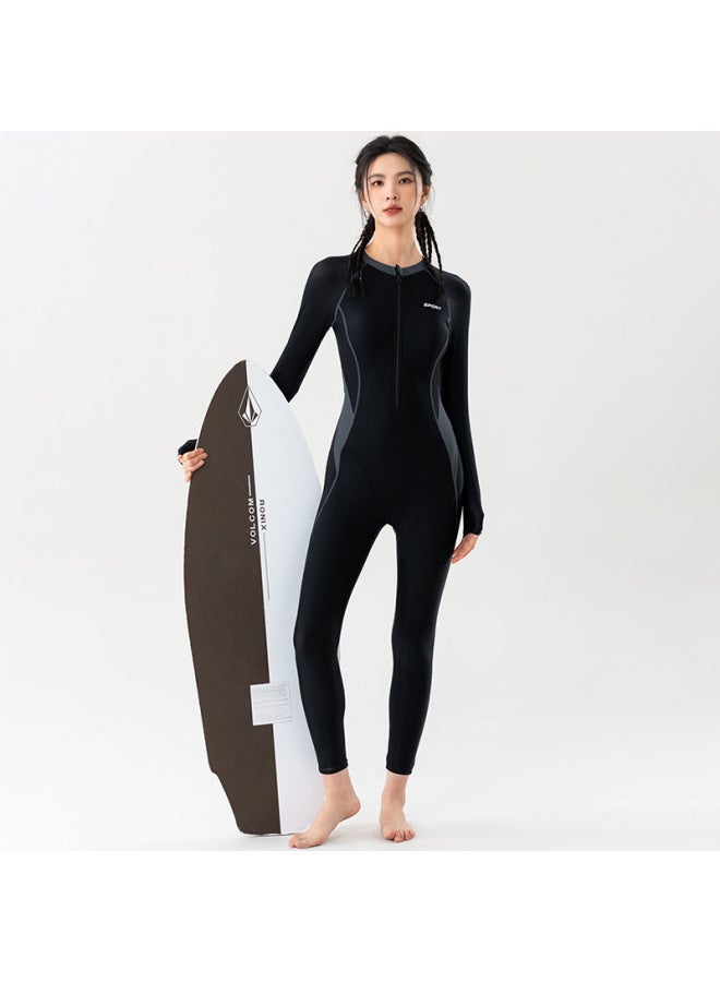 إسكدنيا ملابس سباحة رياضية 2024 بناطيل طويلة الأكمام قطعة واحدة ملابس سباحة نسائية بمقاس كبير للحماية من الشمس ملابس سباحة ربيعية حارة للسيدات - اللون: أسود رمادي - - Image 5