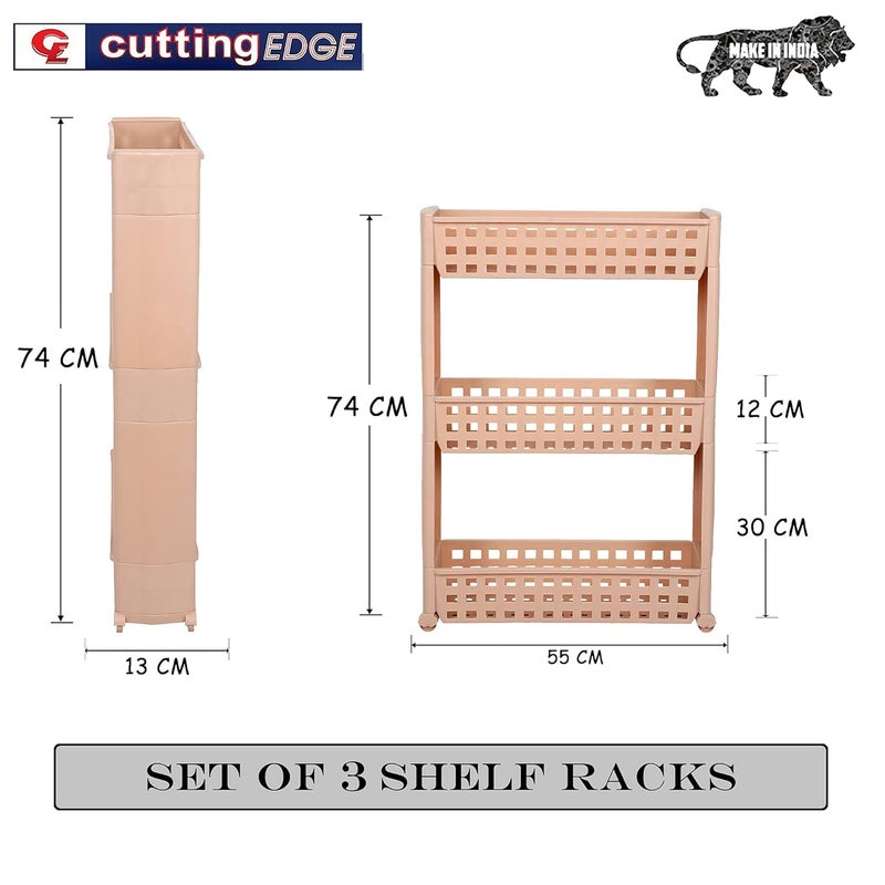 Cutting EDGE Plastic 3 Layer Slim Classic Smart Storage Organizer Multipurpose and EasytoMove Slide Out Shelf Rack Trolley with Wheels Beige Set of 3 - Image 2
