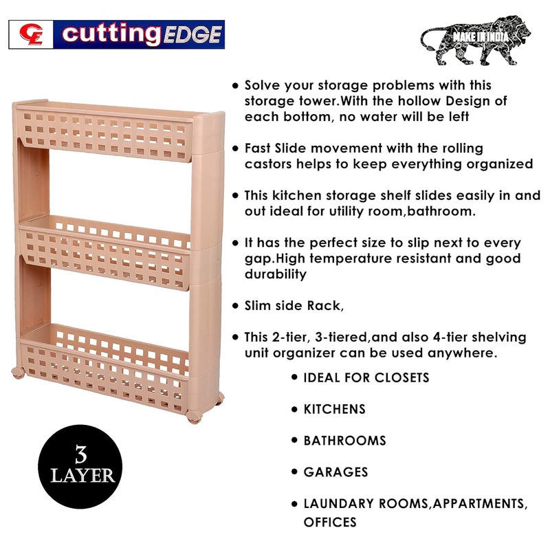 Cutting EDGE Plastic 3 Layer Slim Classic Smart Storage Organizer Multipurpose and EasytoMove Slide Out Shelf Rack Trolley with Wheels Beige Set of 3 - Image 4