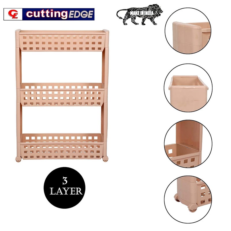 Cutting EDGE Plastic 3 Layer Slim Classic Smart Storage Organizer Multipurpose and EasytoMove Slide Out Shelf Rack Trolley with Wheels Beige Set of 3 - Image 5