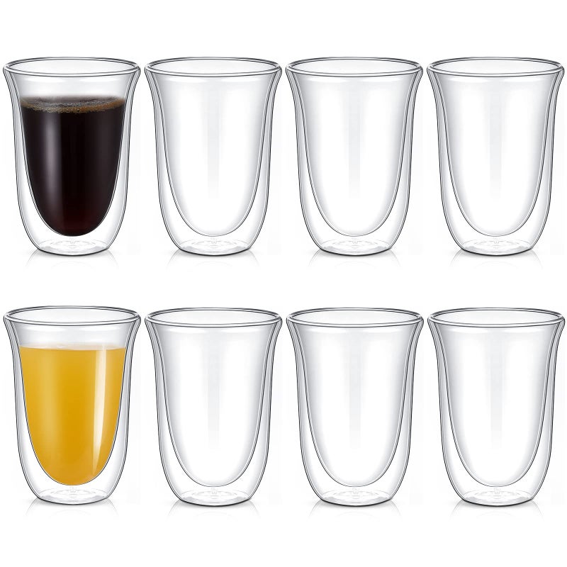 Sieral 8 Pack 10 oz Double Walled Coffee Mugs Glass Espresso Cups without Handle Clear Thermo Insulated Demitasse Cups for Cappuccino Tea Latte Beverages 