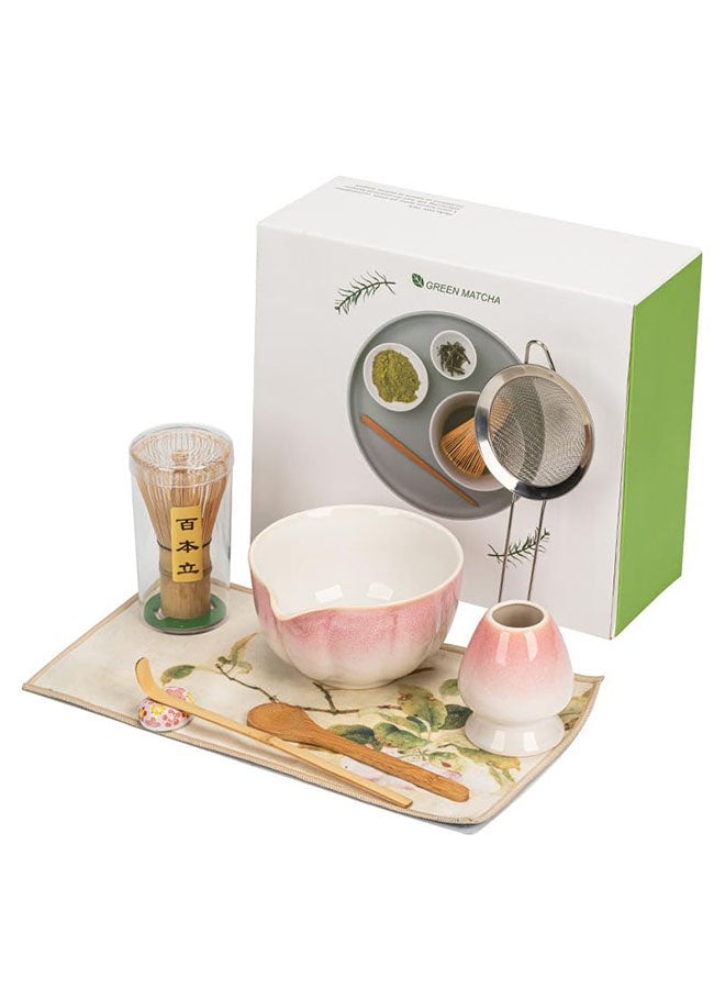 Arabest Matcha blender set, 8-piece Japanese matcha tea set, pink matcha tool set, bamboo matcha blender, Japanese matcha making set (white and pink gradient). - Image 1