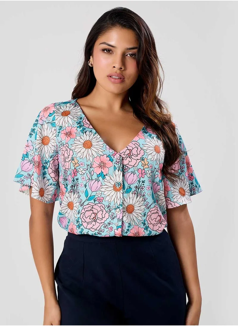 Zigzag Vneck Flared Sleeve Printed Top