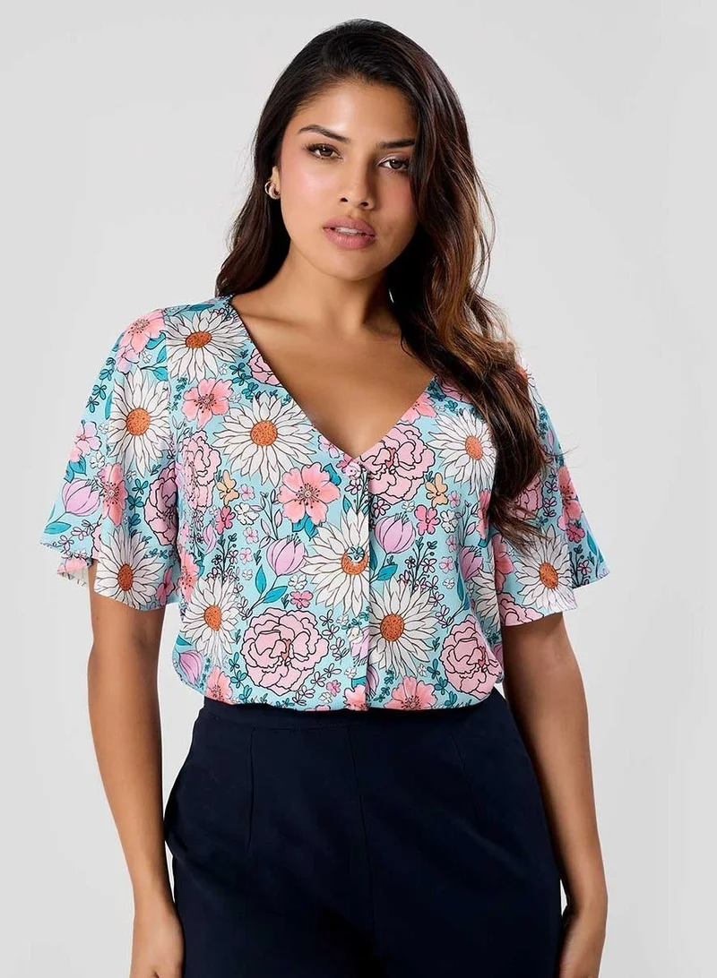 Zigzag Vneck Flared Sleeve Printed Top