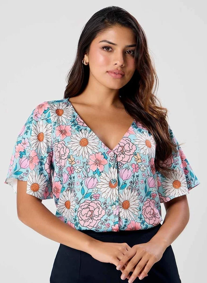 Zigzag Vneck Flared Sleeve Printed Top