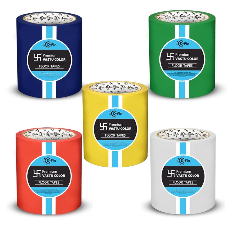 D-Fix ® 5 قطع شريط الأرضيات بألوان فاستو | عرض 4 بوصة، 25 متر لكل منها | أحمر، أصفر، أخضر، أزرق وأبيض | علاج فاستو دوتش، تصحيح فاستو للحمام، المرحاض، المدخل، المنزل والمكتب (عبوة 5 لفات) - Image 1