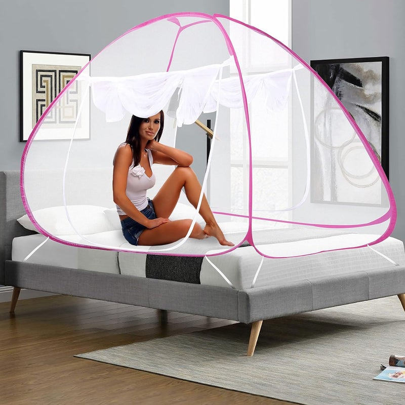 Catron Foldable Mosquito NetMachhardani Polyester Adults Mosquito Net for Dubble Bed Strong 30GSM Net High Durability Foldable Tent Shape Mosquito Net Pink - Image 2