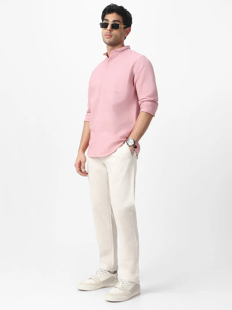 Urbano Fashion  Urbano Fashion Men's Pink Cotton Full Sleeve Regular Fit Casual Solid Shirt with Band Collar  | Best Price UAE