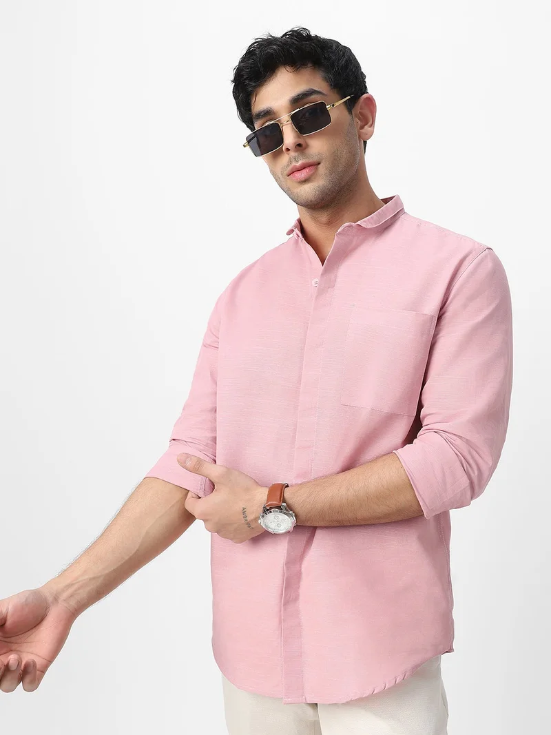 Urbano Fashion  Urbano Fashion Men's Pink Cotton Full Sleeve Regular Fit Casual Solid Shirt with Band Collar  | Best Price UAE