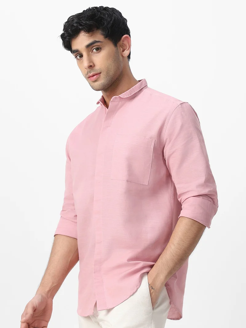 Urbano Fashion Men's Pink Cotton Full Sleeve Regular Fit Casual Solid Shirt with Band Collar