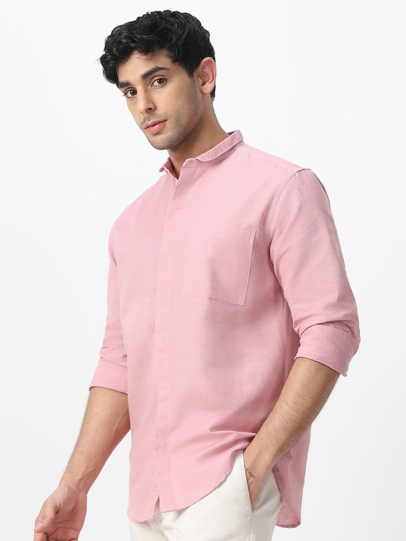 Urbano Fashion Men's Pink Cotton Full Sleeve Regular Fit Casual Solid Shirt with Band Collar - Image 1