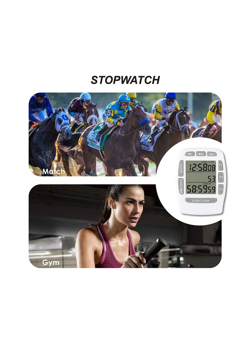 Digital Kitchen Triple Timer, Count-down & Count-up Tracking, Loud Buzzer Reminder, Magnetic Timer with Big Digits and Back Stand for Cooking, Meeting, Classroom, Studying, Exercising (White)