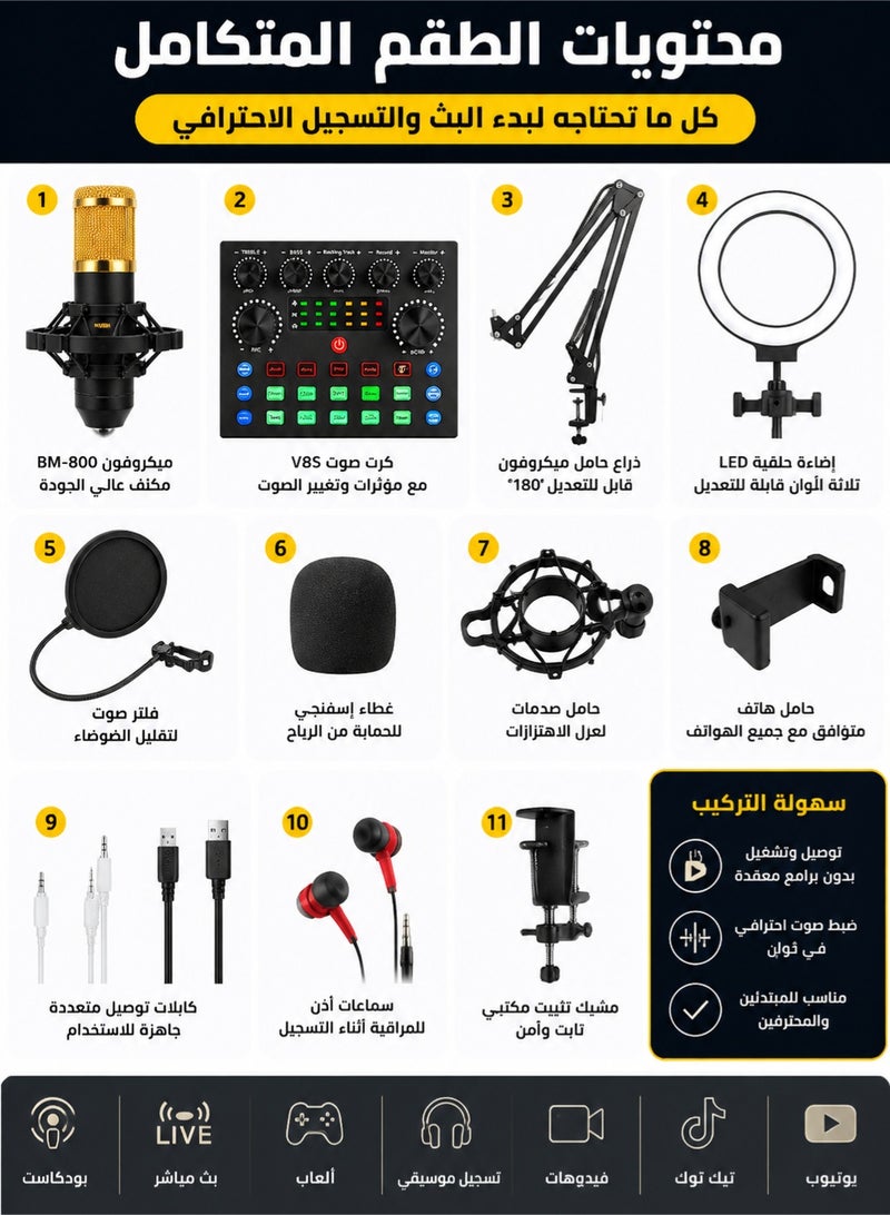 اوليو مجموعة معدات البث الصوتي مع حلقة إضاءة وحامل هاتف، مجموعة ميكروفون البث الصوتي BM-800 مع مغير صوت V8S، ميكروفون مكثف، حزمة استوديو تسجيل للبث الصوتي - Image 2