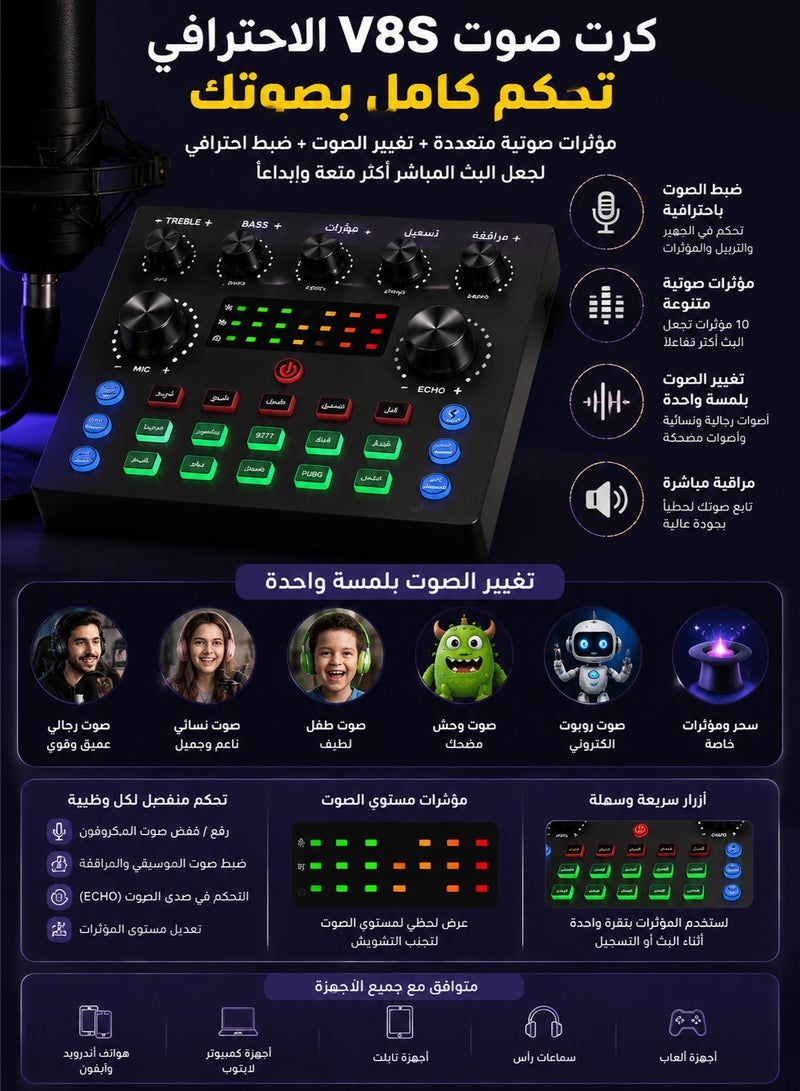 اوليو مجموعة معدات البث الصوتي مع حلقة إضاءة وحامل هاتف، مجموعة ميكروفون البث الصوتي BM-800 مع مغير صوت V8S، ميكروفون مكثف، حزمة استوديو تسجيل للبث الصوتي - Image 4