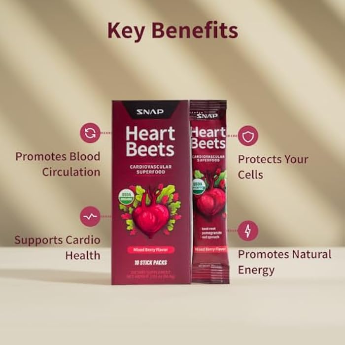 Snap Supplements Heart Beets Stick Packs, Organic Beet Root Powder Drink Mix, Cardiovascular Support for Men & Women, Beets, Pomegranate & Red Spinach, Nitric Oxide Booster, Mixed Berry, 10 Servings - Image 3
