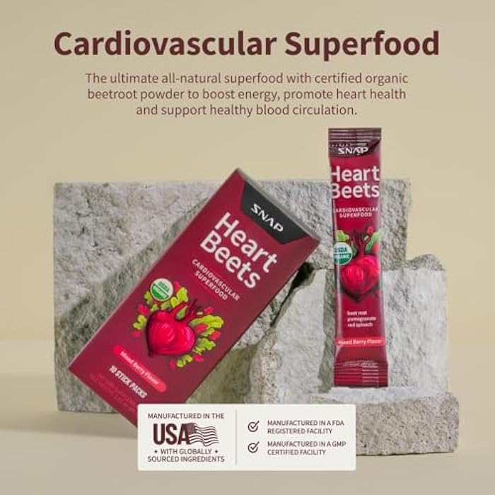 Snap Supplements Heart Beets Stick Packs, Organic Beet Root Powder Drink Mix, Cardiovascular Support for Men & Women, Beets, Pomegranate & Red Spinach, Nitric Oxide Booster, Mixed Berry, 10 Servings - Image 5