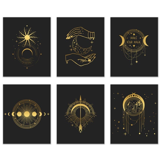 OCCULT GOLD AND BLACK PRINTS SET OF 6 8X10 GLOSSY WALL ART DECOR ALCHEMY WITCH THIRD EYE PLANETS