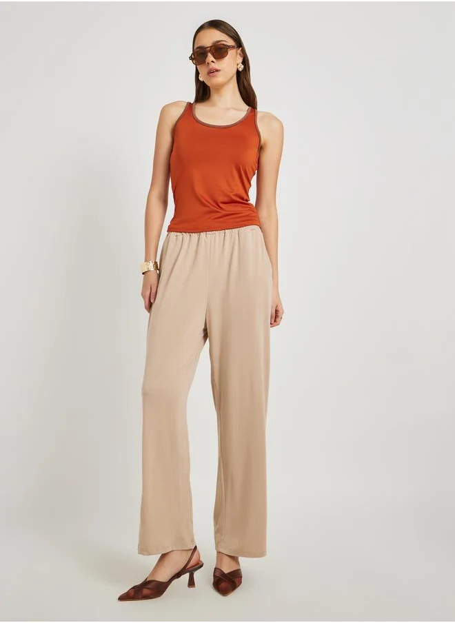 تايك تو Take Two Women Khaki Solid Drawstring Waist Wide Leg Pants