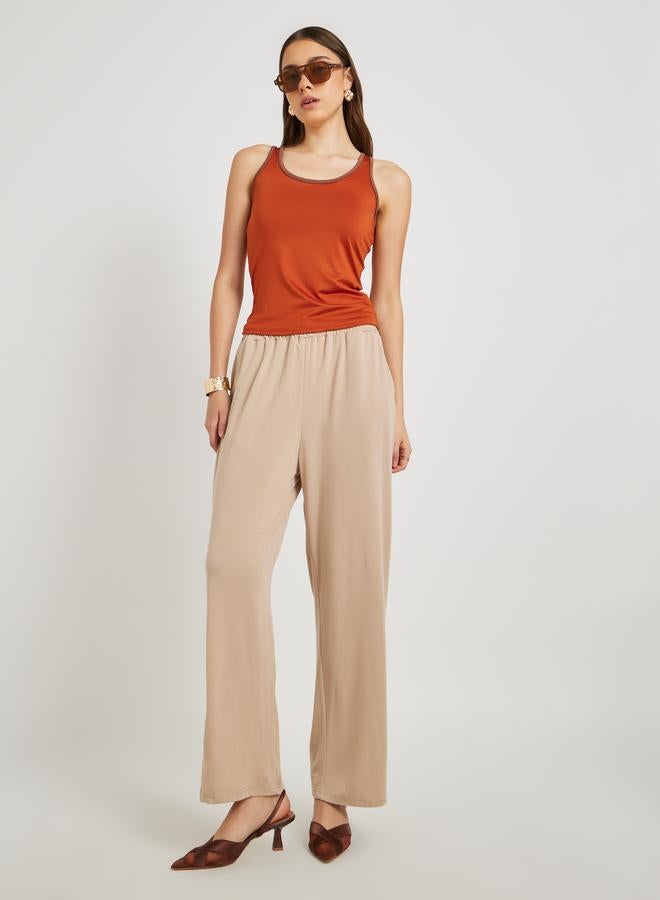 Take Two Women Khaki Solid Drawstring Waist Wide Leg Pants - Image 1