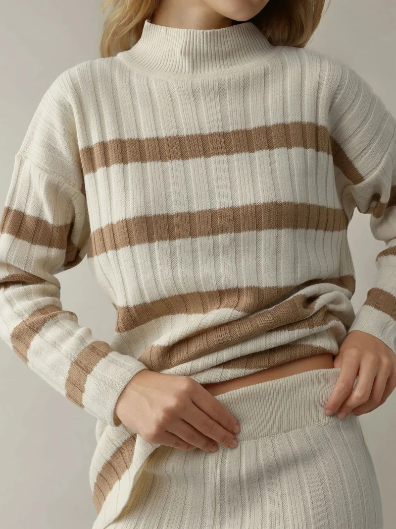 MY FASHION Camel Brown MY FASHION Striped Sweater & Pants Knitwear Co-ord Set for Women | Best Price UAE