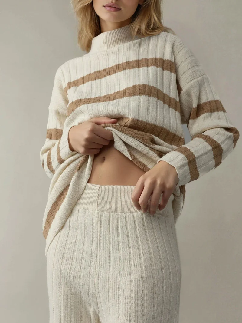 MY FASHION Camel Brown MY FASHION Striped Sweater & Pants Knitwear Co-ord Set for Women | Best Price UAE