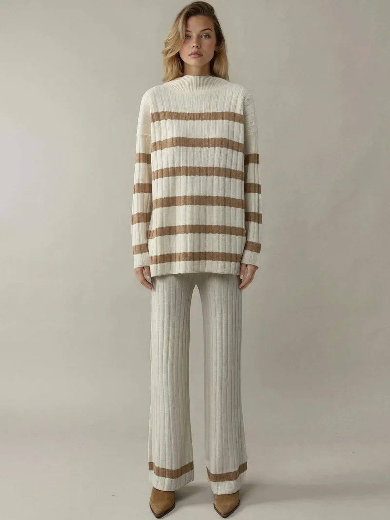 MY FASHION Camel Brown MY FASHION Striped Sweater & Pants Knitwear Co-ord Set for Women | Best Price UAE