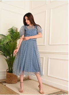 FULL JOY Chiffon dress with short sleeves and a belt at the waist, Cyan  - Image 2