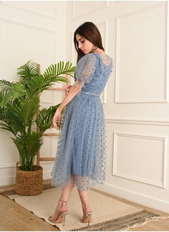 FULL JOY Chiffon dress with short sleeves and a belt at the waist, Cyan  - Image 3