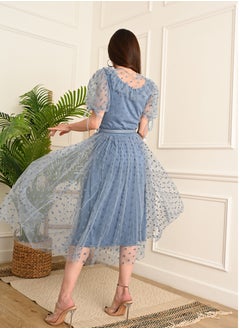 FULL JOY Chiffon dress with short sleeves and a belt at the waist, Cyan  - Image 4