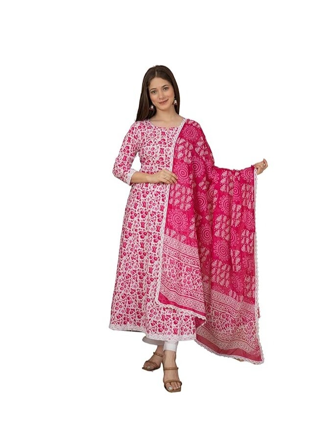 Accessorize Kingdom Women's Cotton Printed Anarkali Kurta with Palazzo & Dupatta Set  - Image 1