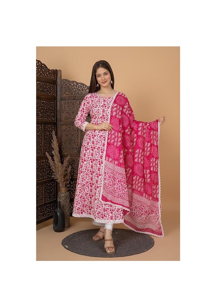 Accessorize Kingdom Women's Cotton Printed Anarkali Kurta with Palazzo & Dupatta Set  - Image 2