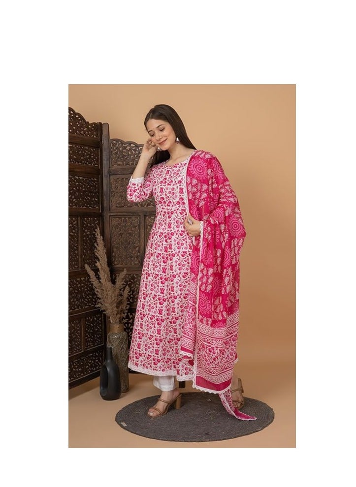 Accessorize Kingdom Women's Cotton Printed Anarkali Kurta with Palazzo & Dupatta Set  - Image 3