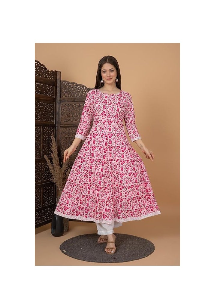 Accessorize Kingdom Women's Cotton Printed Anarkali Kurta with Palazzo & Dupatta Set  - Image 4