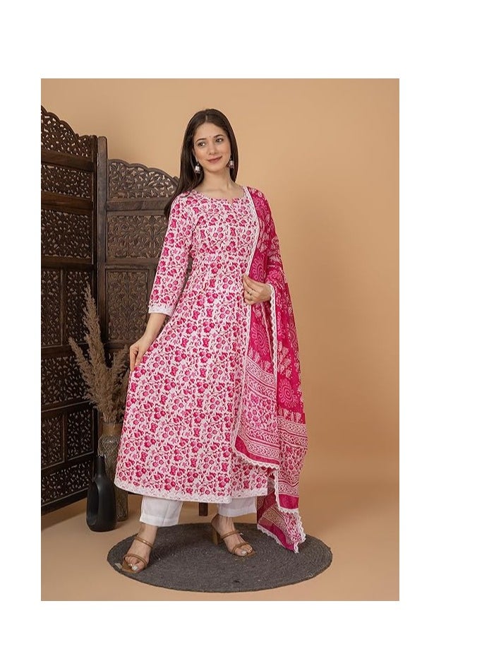 Accessorize Kingdom Women's Cotton Printed Anarkali Kurta with Palazzo & Dupatta Set  - Image 5