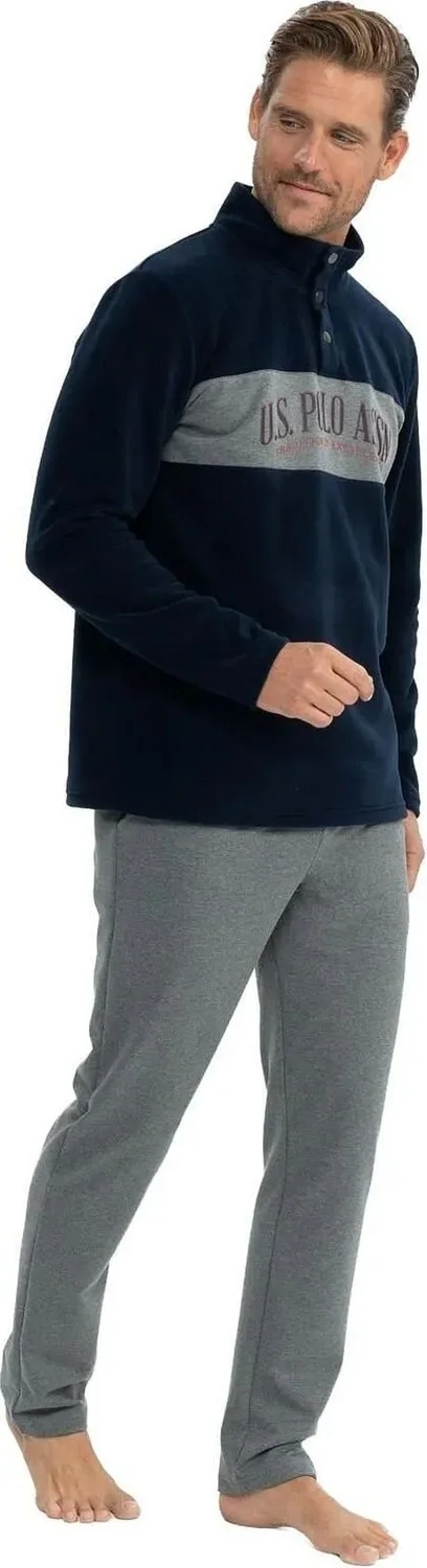 يو اس بولو اسن 18826 Men's Fleece Long Sleeve Stand Collar Casual Home Wear-Navy Blue