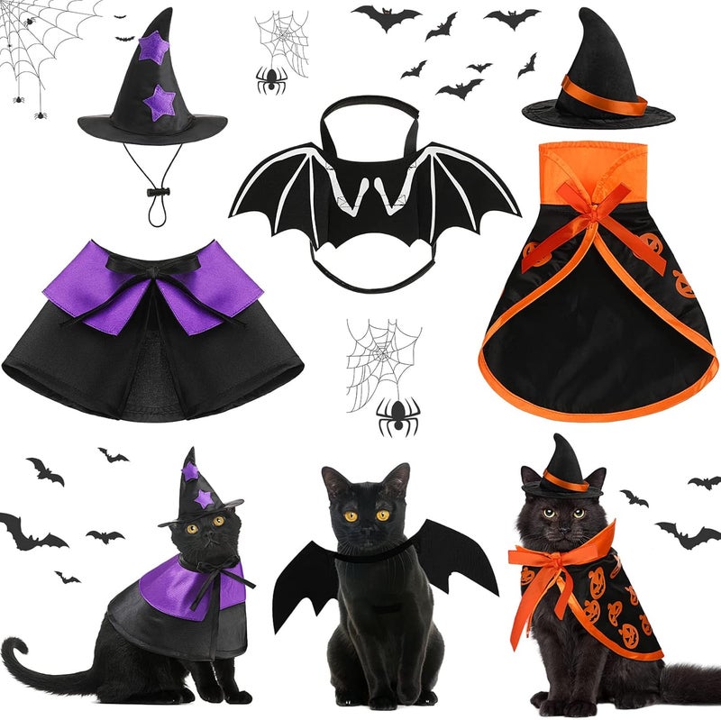 Reginary 5 Pcs Halloween Cat Costume Bat Wings Witch Cloak Wizard Hat Halloween Pet Costume Set Vampire Cloak Witch Hat Bat Cat Dress up Accessories for Small Kitten Dog Cosplay Party Decor - Image 1