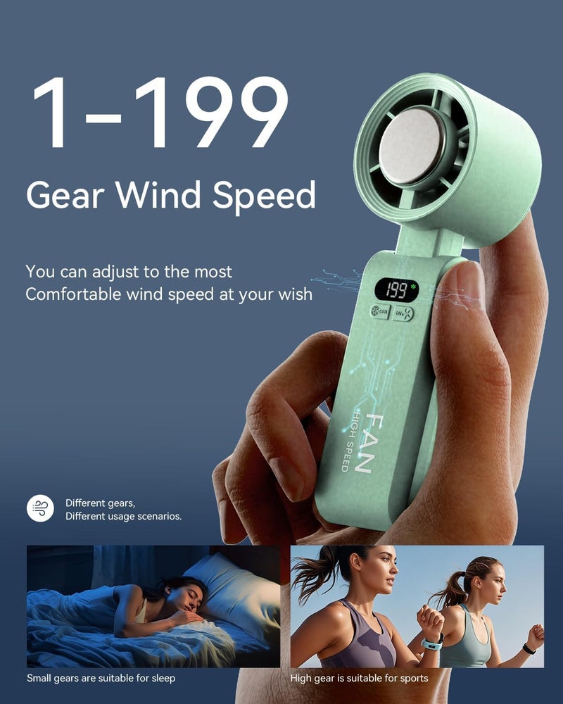 Kimguard Handheld Portable Turbo Fan with Ice Cooler, Speed (1-199) 5500mAh Rechargeable Personal Fan,[20H Cooling Time] Mini Yet Powerful [20000 RPM] Small Pocket Fans for Travel/Outdoor/Office, Light Green - Image 3