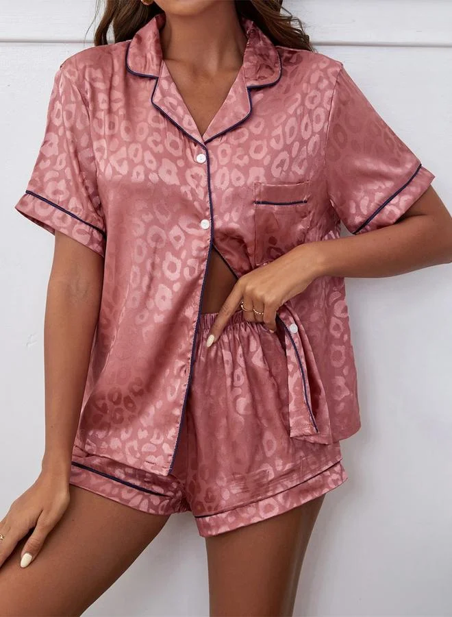Take Two Pink Pink Leopard Pattern Piping Shirt and Shorts Set for Women | Best Price UAE
