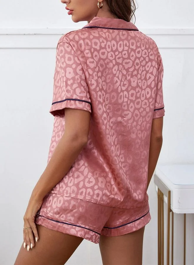 Take Two Pink Pink Leopard Pattern Piping Shirt and Shorts Set for Women | Best Price UAE